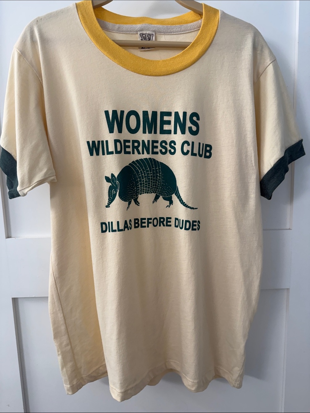 WOMENS Wilderness Club Ringer Tee - Cream with Yellow & Dark Green